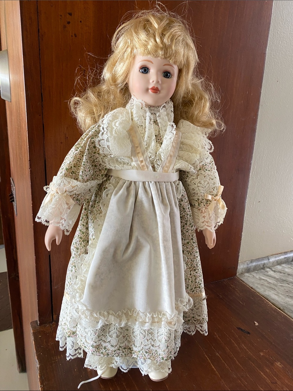 Heritage Blonde Porcelain Doll in Cream and White Lace Dress